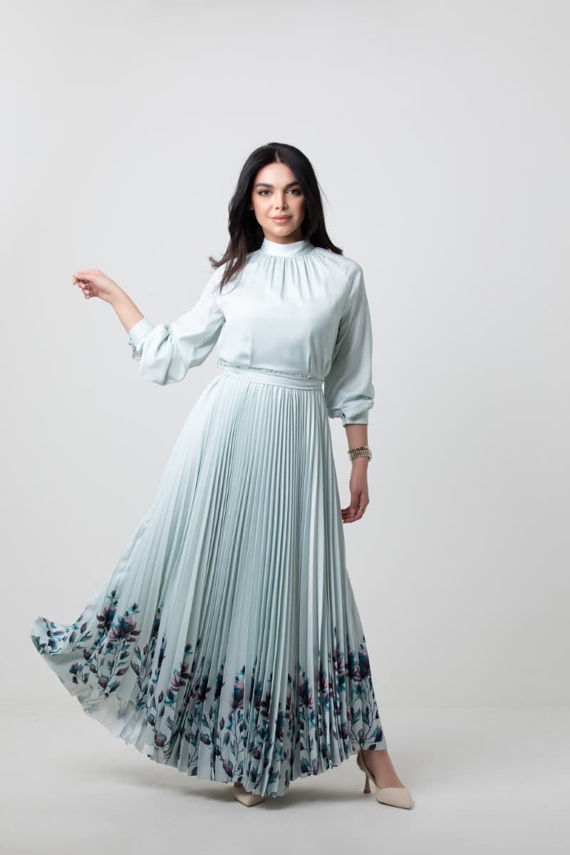 Satin Long Sleeve Maxi Placed Dress Printed